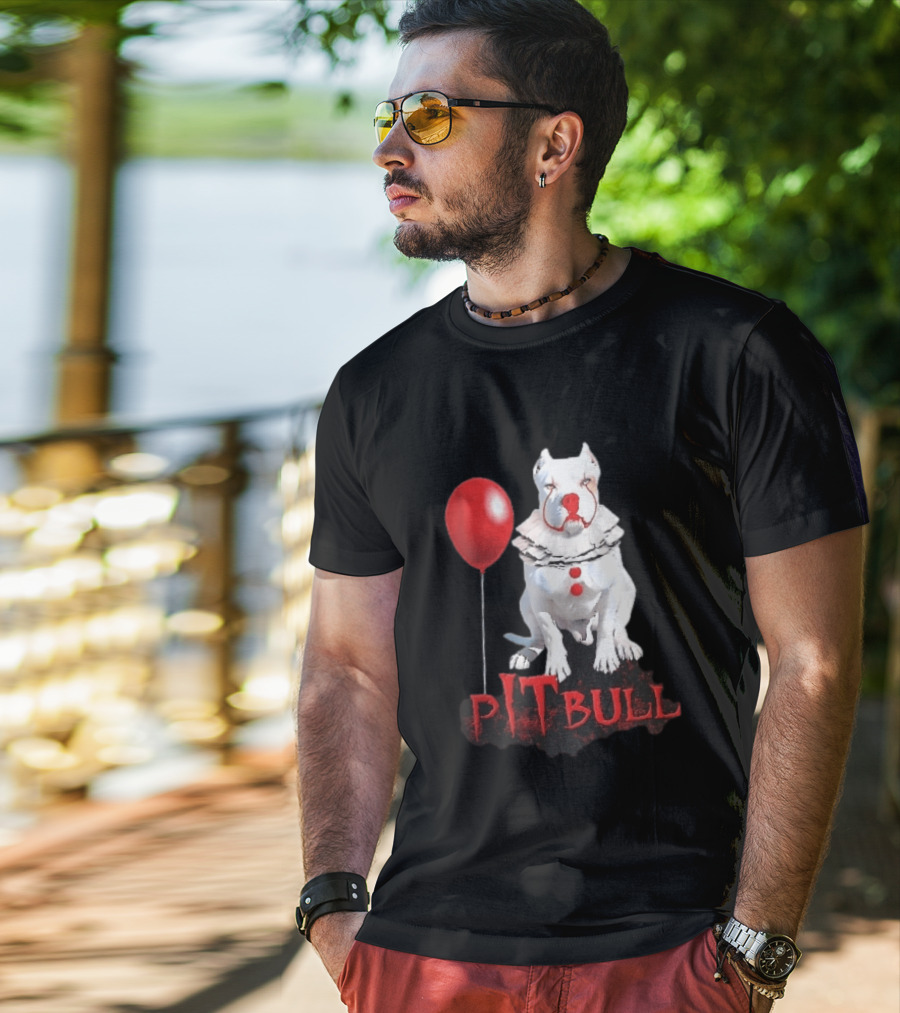 Pitbull Dog Pennywise Clown Red Balloon Distressed White T-Shirt