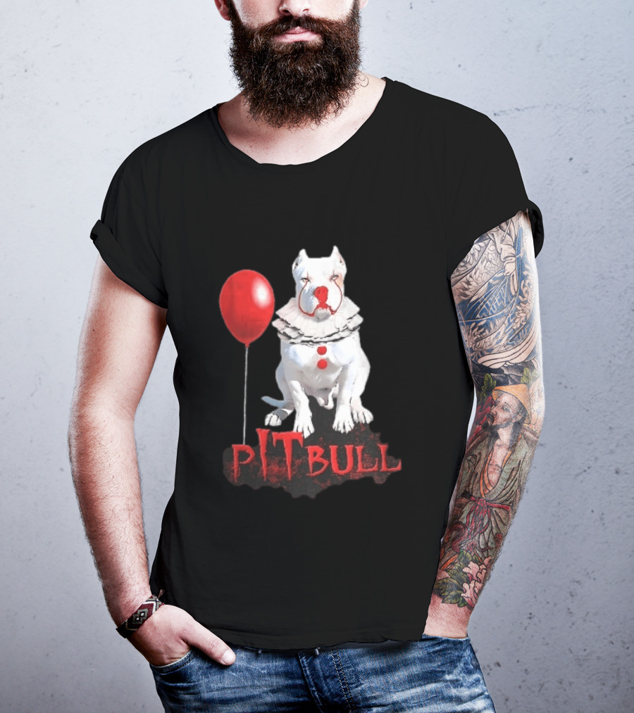 Pitbull Dog Pennywise Clown Red Balloon Distressed White T-Shirt