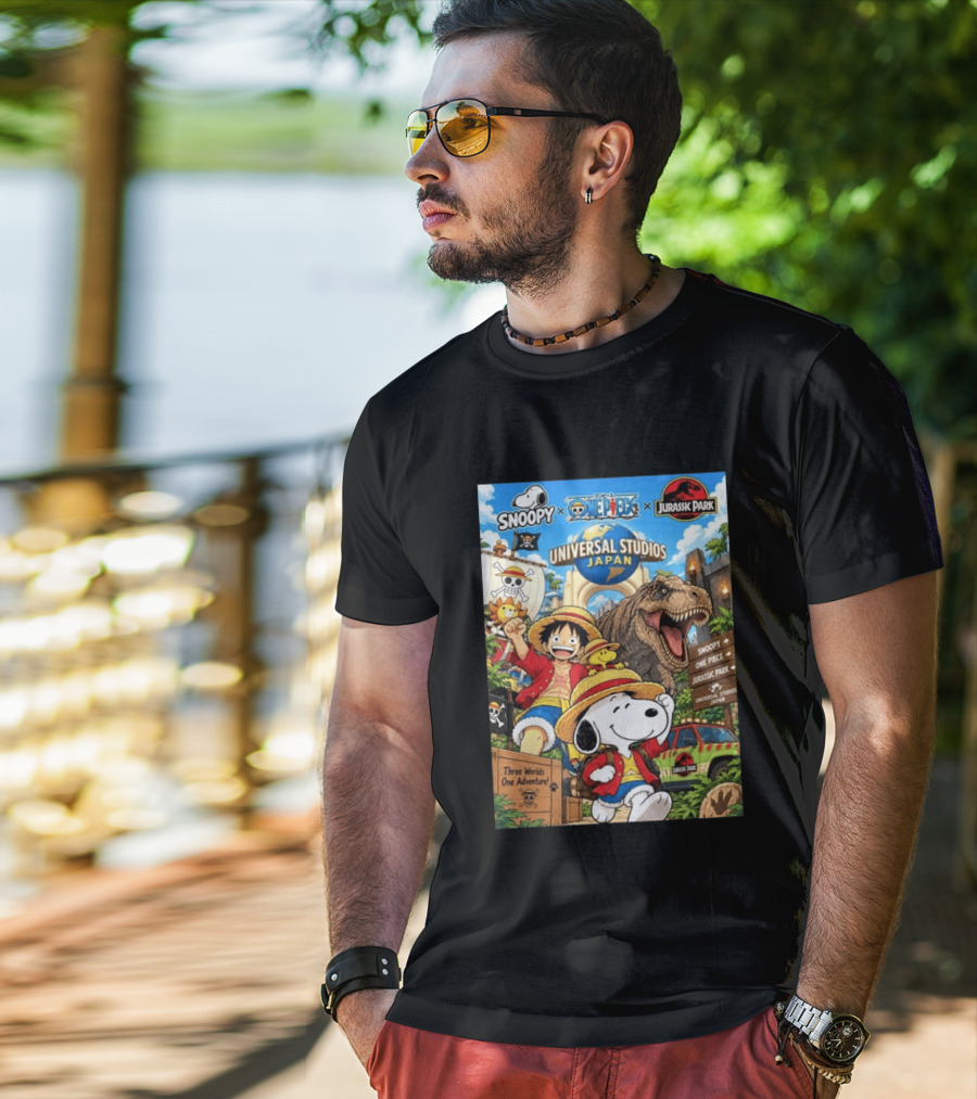 Snoopy One Piece Jurassic Park Universal Studios Japan Three Worlds One Adventure T-Shirt