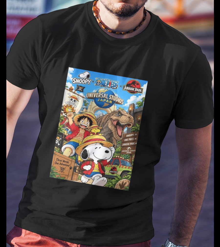 Snoopy One Piece Jurassic Park Universal Studios Japan Three Worlds One Adventure T-Shirt