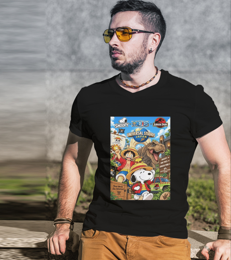 Snoopy One Piece Jurassic Park Universal Studios Japan Three Worlds One Adventure T-Shirt