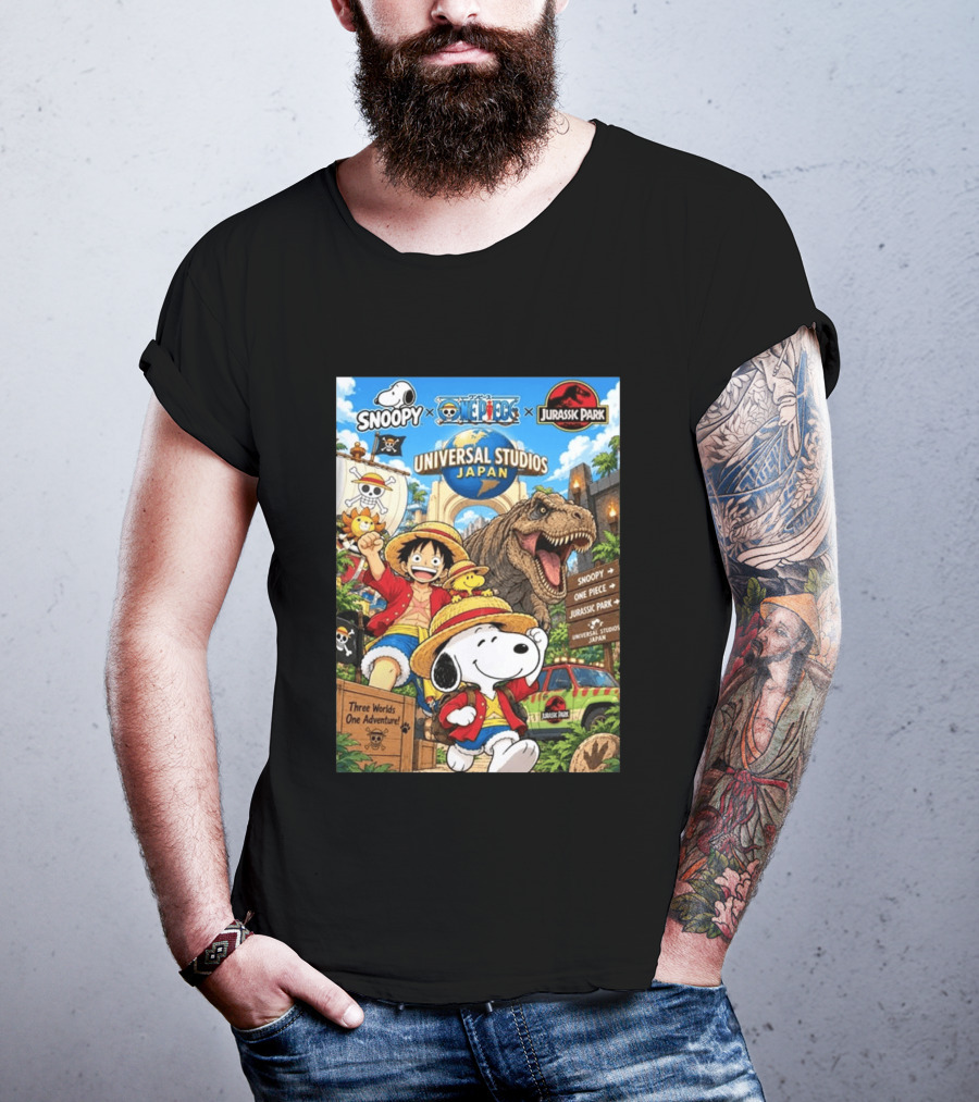 Snoopy One Piece Jurassic Park Universal Studios Japan Three Worlds One Adventure T-Shirt