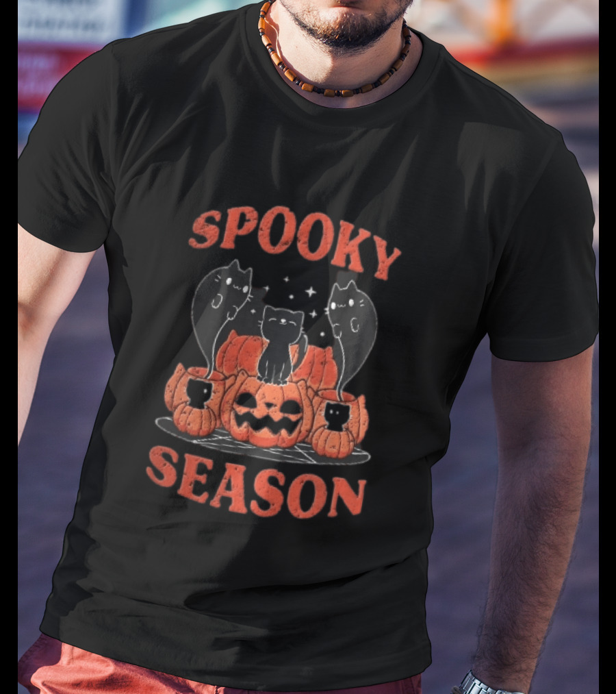 Spooky Season Black Cats Jack O Lantern Pentagram Cartoon T-Shirt
