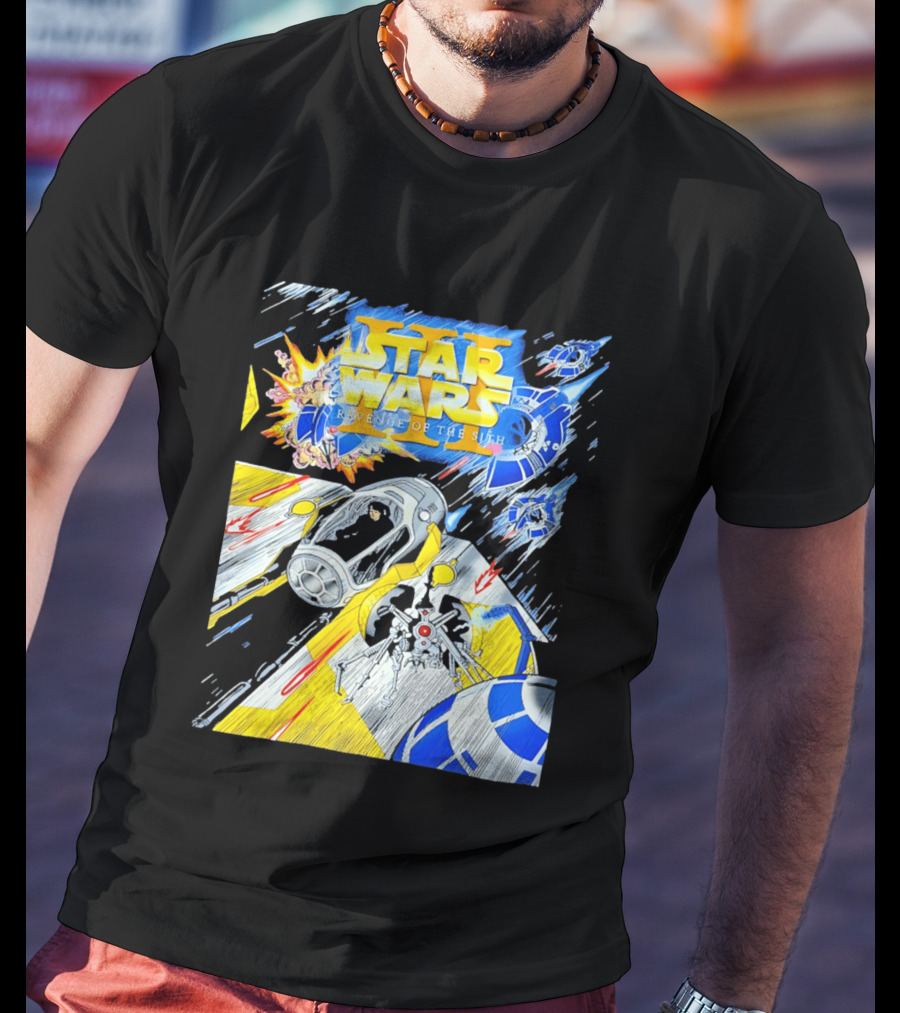 Star Wars Revenge Of The Sith Galactic Battle Artwork Featuring Anakin Skywalker And Iconic Droid Spaceships T-Shirt