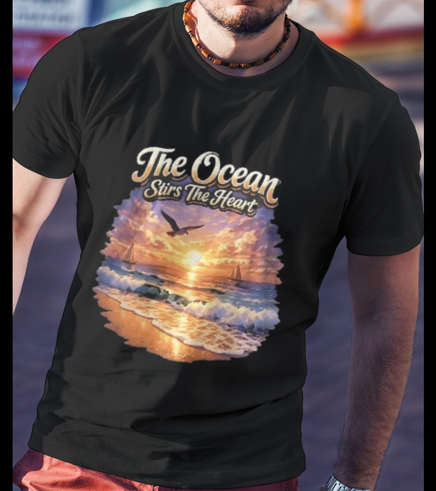 The Ocean Stirs The Heart Seagull Flying Sunset Beach Sailboats Waves T-Shirt