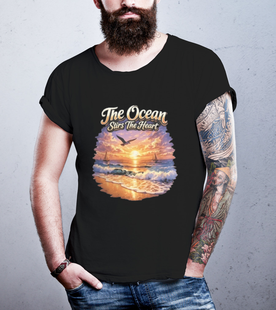 The Ocean Stirs The Heart Seagull Flying Sunset Beach Sailboats Waves T-Shirt
