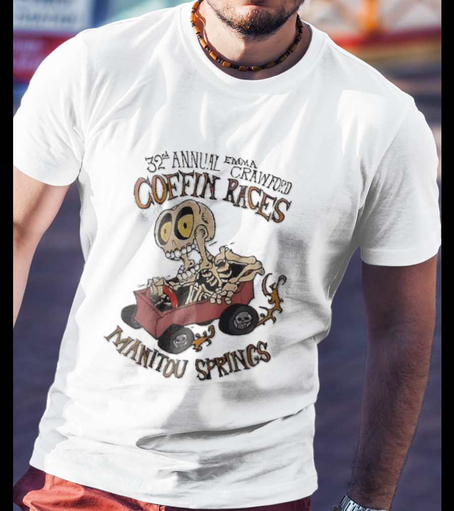 32nd Annual Emma Crawford Coffin Races Manitou Springs Cartoon Skeleton Racing Go Kart Flames T-Shirt