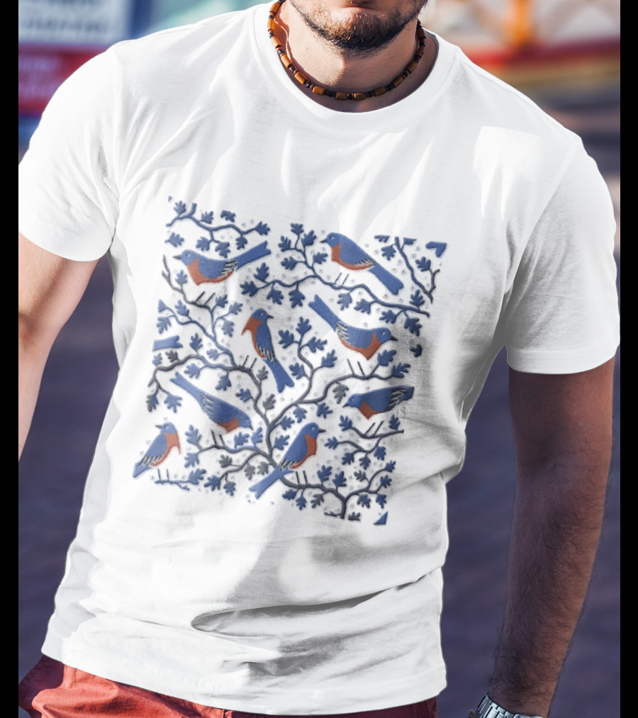 Eastern Bluebirds Perched On Flowering Tree Branches T-Shirt