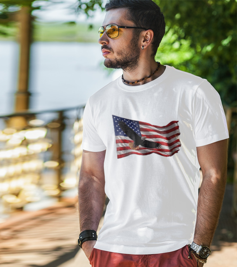 Bald Eagle Soaring Over Distressed American Flag Patriotic T-Shirt