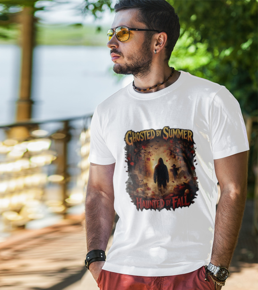 Ghosted By Summer Haunted By Fall Hooded Figure Autumn Orchard Scarecrow Pumpkins T-Shirt
