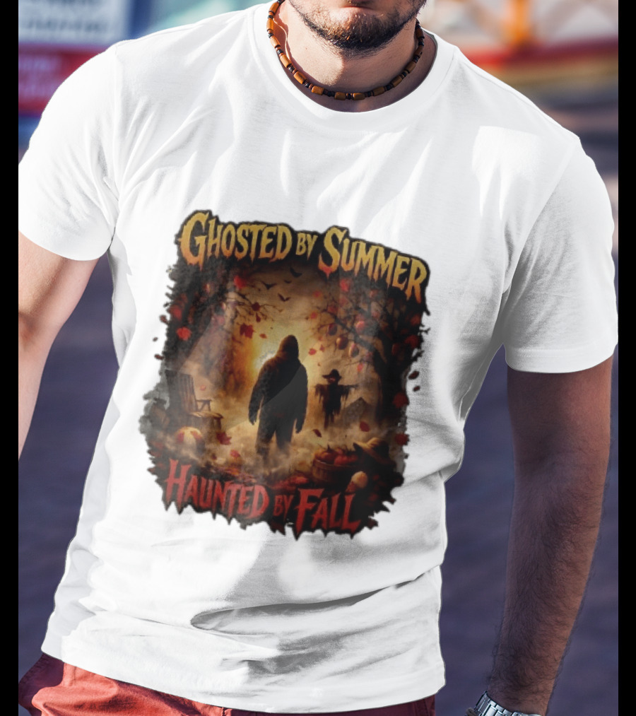 Ghosted By Summer Haunted By Fall Hooded Figure Autumn Orchard Scarecrow Pumpkins T-Shirt