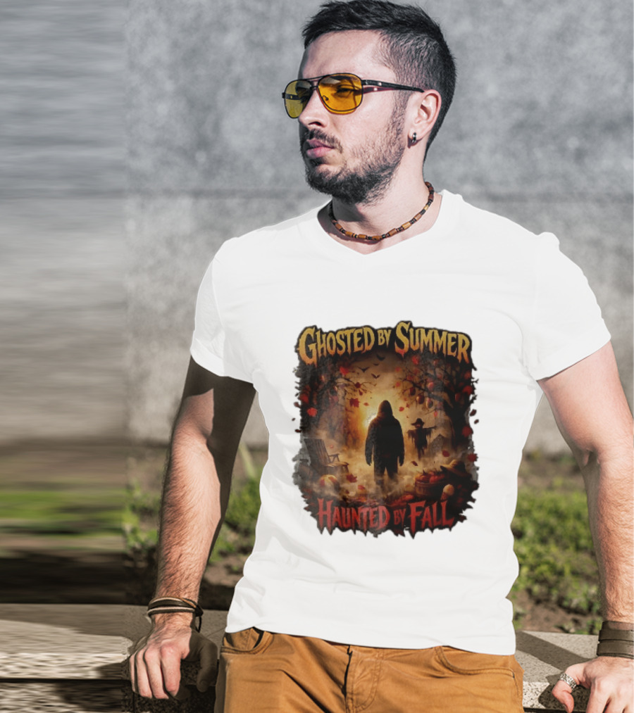 Ghosted By Summer Haunted By Fall Hooded Figure Autumn Orchard Scarecrow Pumpkins T-Shirt