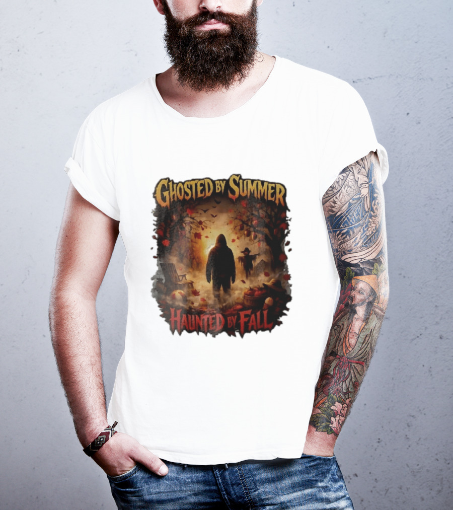 Ghosted By Summer Haunted By Fall Hooded Figure Autumn Orchard Scarecrow Pumpkins T-Shirt