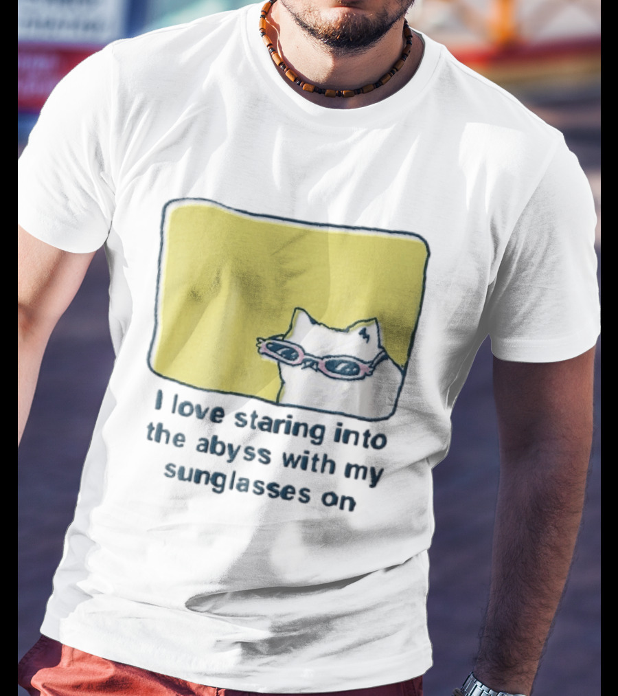 I Love Staring Into The Abyss With My Sunglasses On White Cat Pink Glasses Popcornpunk Cartoon T-Shirt