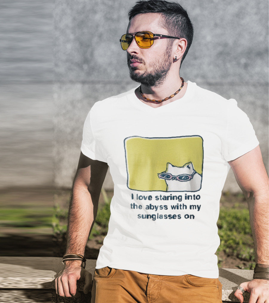 I Love Staring Into The Abyss With My Sunglasses On White Cat Pink Glasses Popcornpunk Cartoon T-Shirt