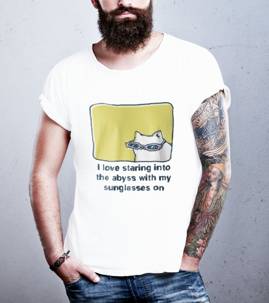 I Love Staring Into The Abyss With My Sunglasses On White Cat Pink Glasses Popcornpunk Cartoon T-Shirt