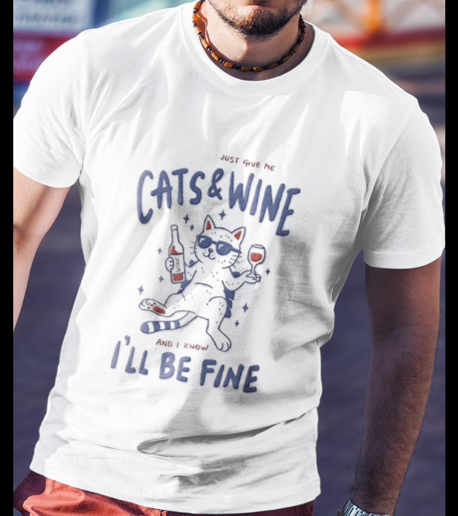 Just Give Me Cats And Wine I'll Be Fine Cartoon Feline Sunglasses Drink Bottle T-Shirt