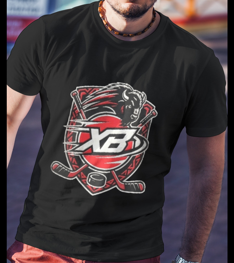 Xb Buffalo Bison Head With Crossed Hockey Sticks And Puck Shield Crest T-Shirt