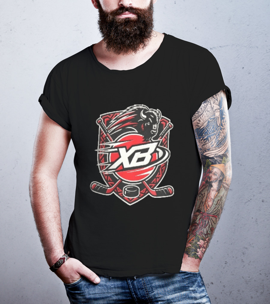 Xb Buffalo Bison Head With Crossed Hockey Sticks And Puck Shield Crest T-Shirt