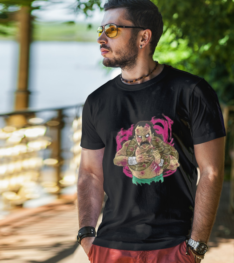 Zombie Wrestler Python Snake Pink Energy Burst Caricature T-Shirt