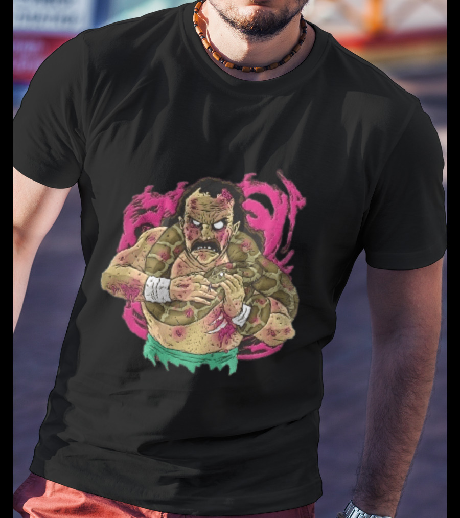 Zombie Wrestler Python Snake Pink Energy Burst Caricature T-Shirt