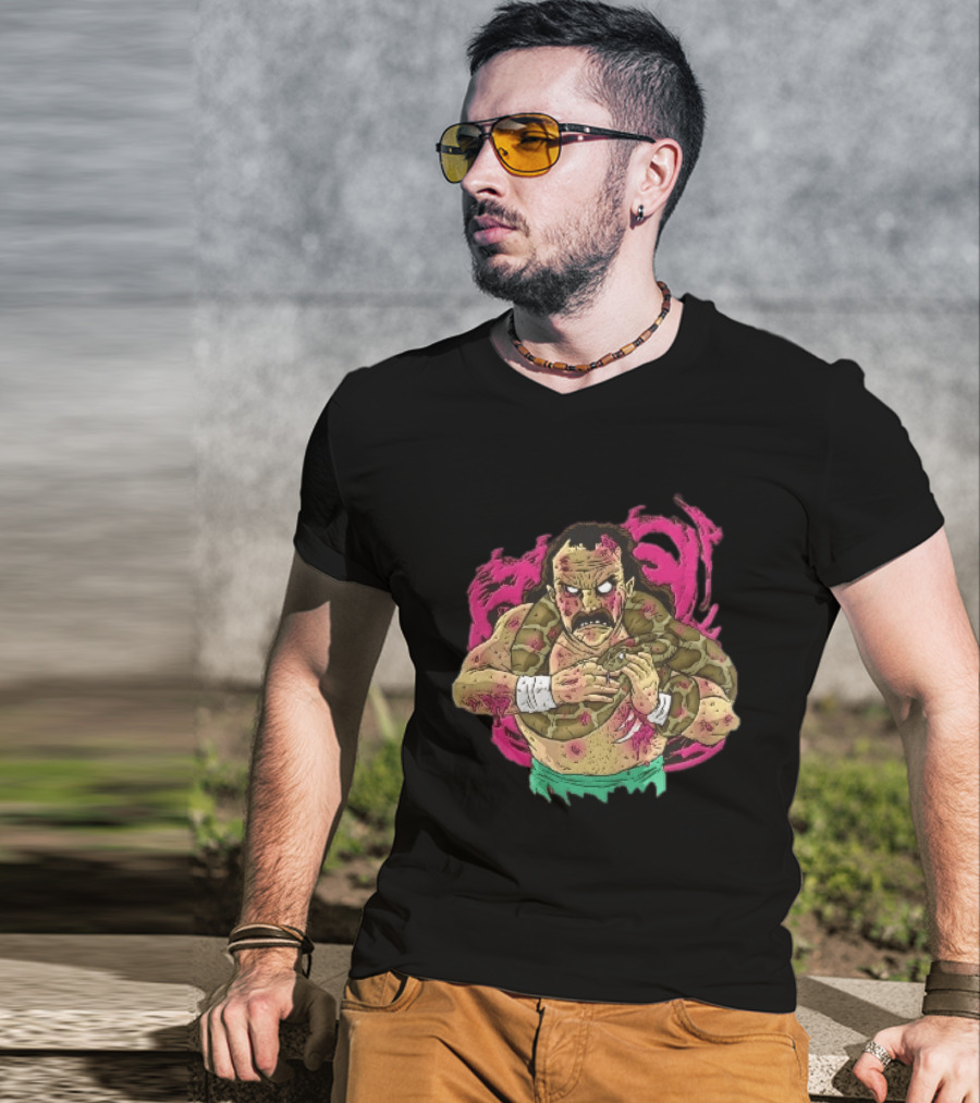 Zombie Wrestler Python Snake Pink Energy Burst Caricature T-Shirt
