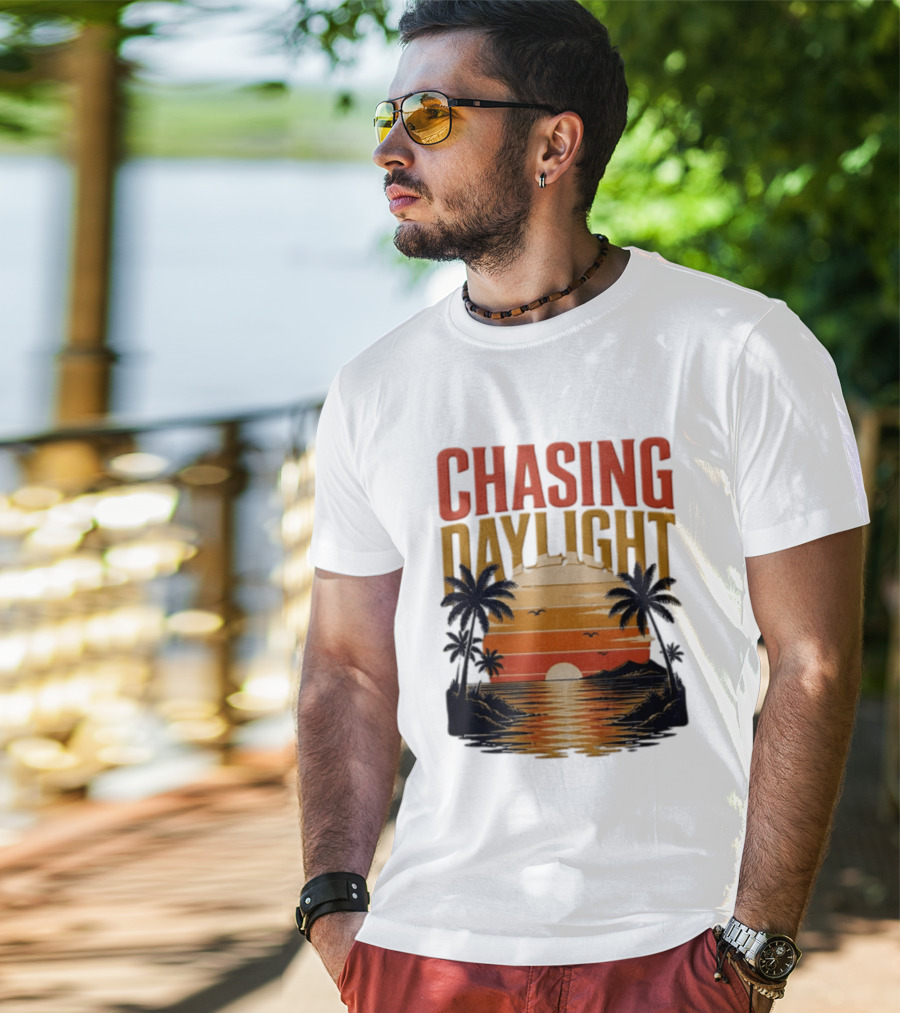 Chasing Daylight Tropical Beach Sunset Scene With Palms And Ocean Waves T-Shirt