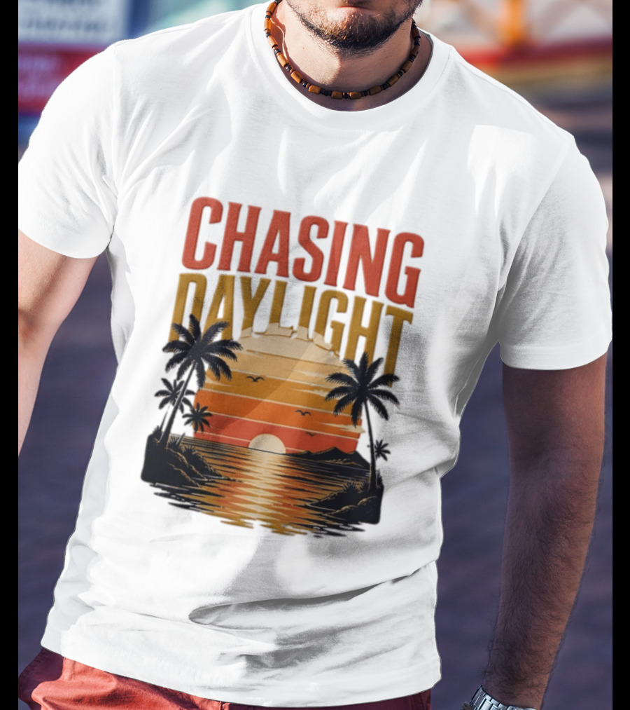 Chasing Daylight Tropical Beach Sunset Scene With Palms And Ocean Waves T-Shirt