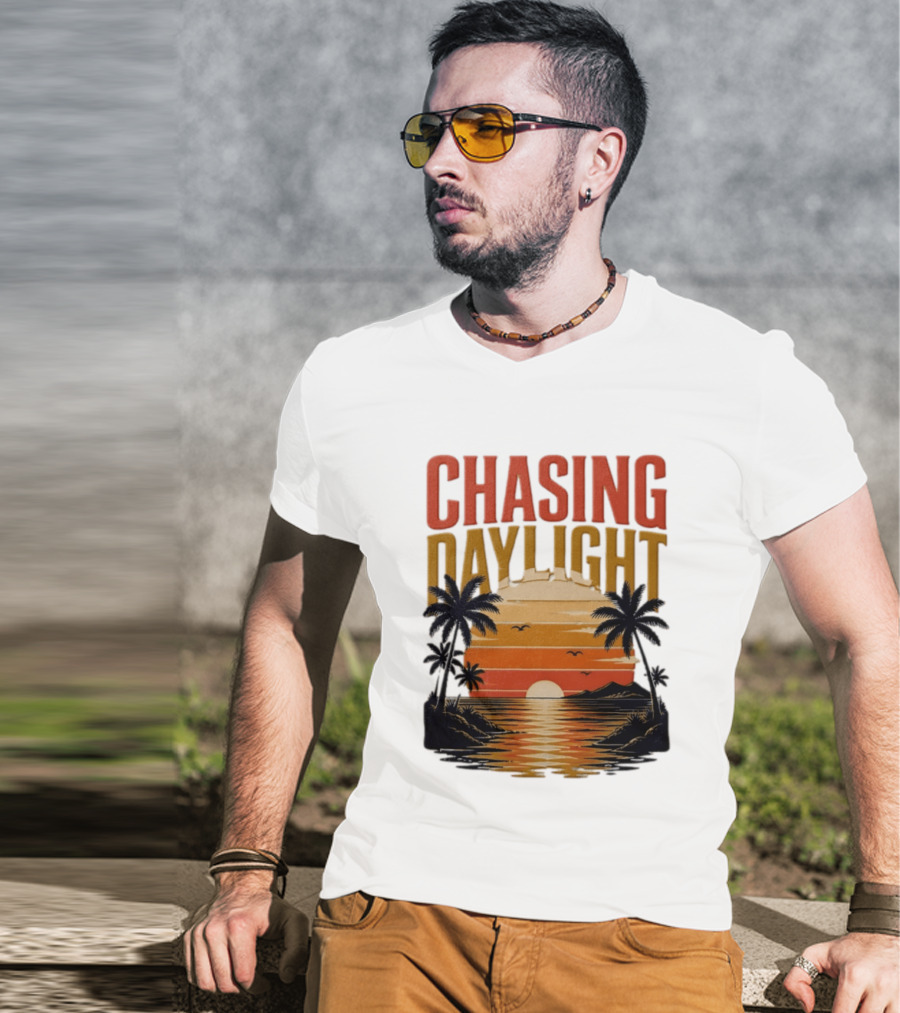 Chasing Daylight Tropical Beach Sunset Scene With Palms And Ocean Waves T-Shirt