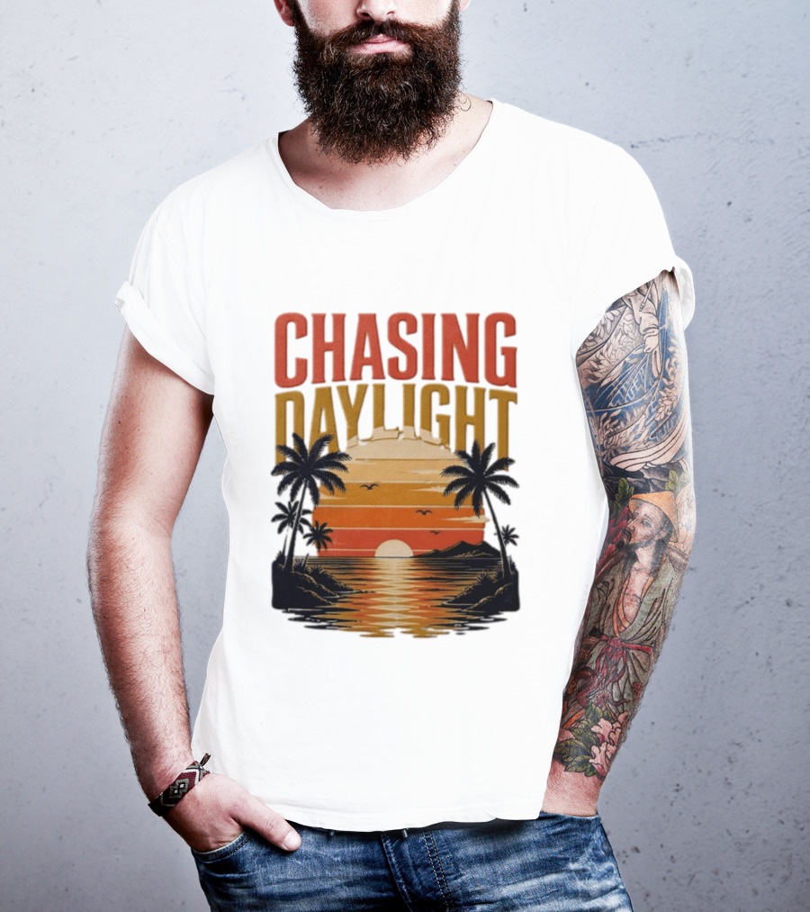 Chasing Daylight Tropical Beach Sunset Scene With Palms And Ocean Waves T-Shirt