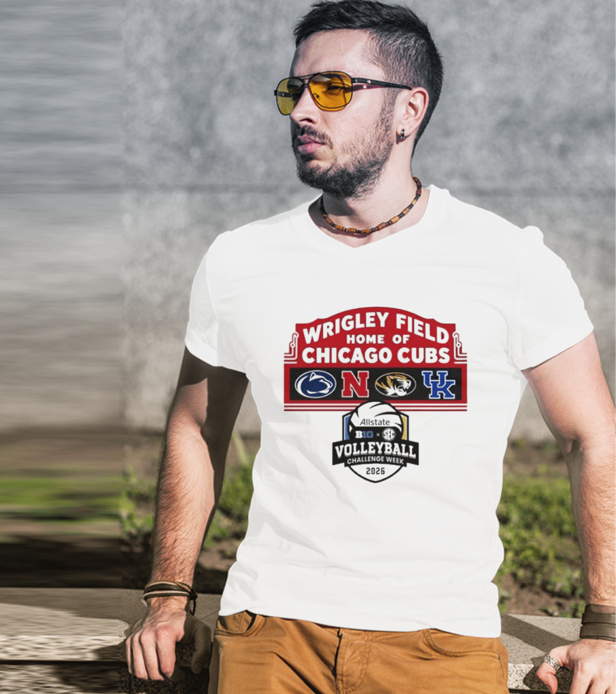 Wrigley Field Chicago Cubs Allstate 2026 Volleyball Challenge Week Penn State Nebraska Missouri Kentucky Logos T-Shirt