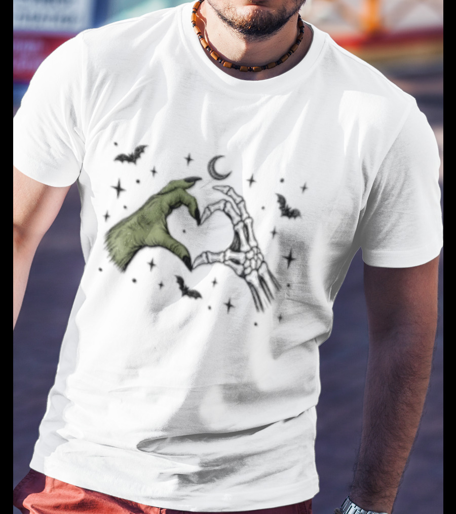 Witch Hand Skeleton Bone Heart Halloween Bats And Moon T-Shirt