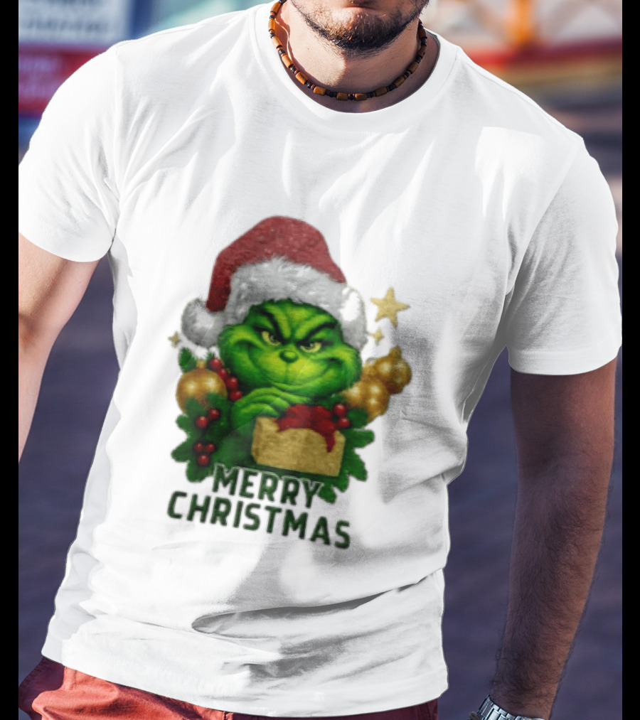 Merry Christmas Grinch Santa Claus Hat Gold Present Pine Branches T-Shirt