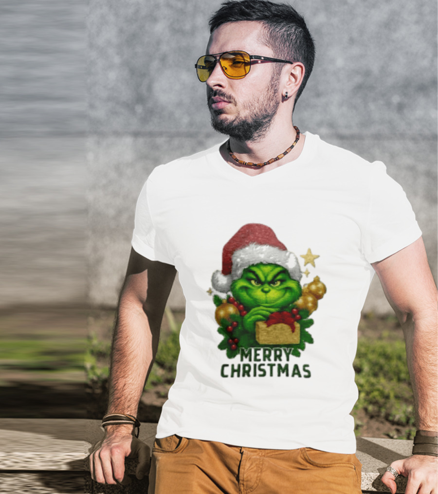 Merry Christmas Grinch Santa Claus Hat Gold Present Pine Branches T-Shirt