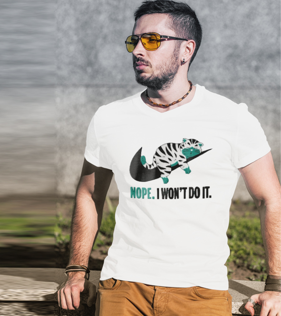 Nope I Won't Do It Cartoon Lazy Striped Cat Sleeping On Swoosh T-Shirt