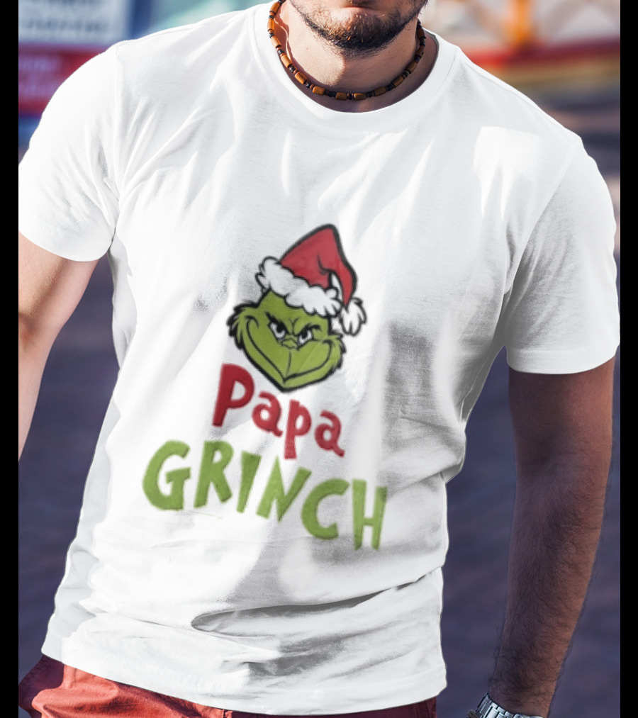 Papa Grinch Santa Claus Hat Green Face Cartoon T-Shirt