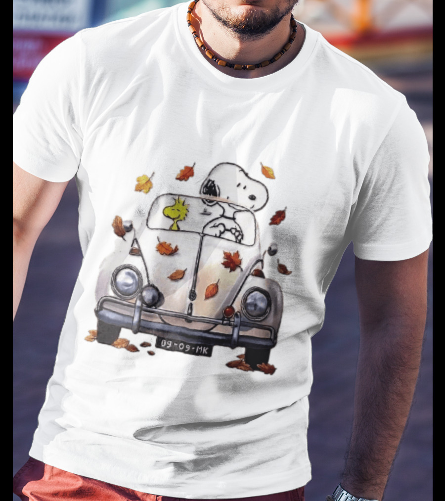 Peanuts Snoopy Woodstock Driving Car Autumn Leaves Watercolor Cartoon 09 Mk T-Shirt