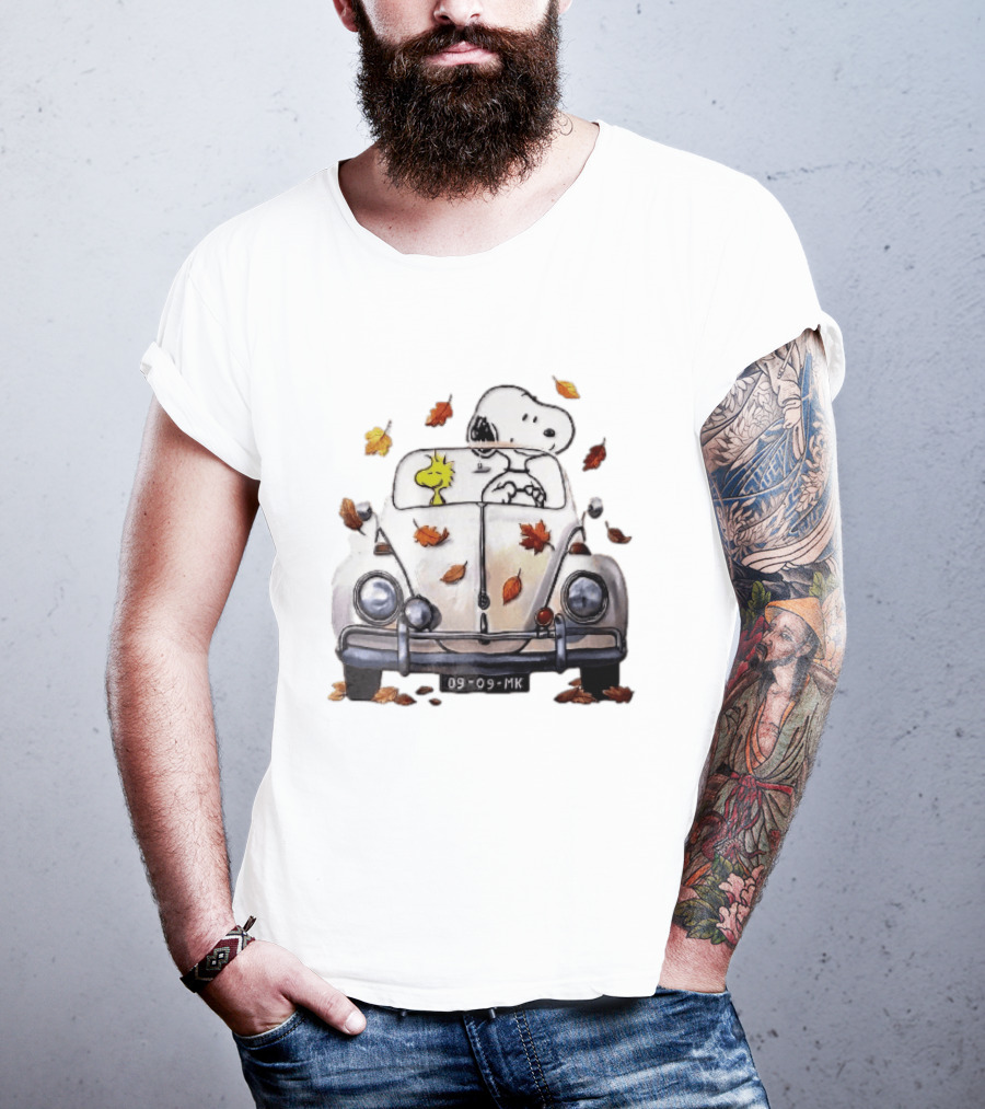 Peanuts Snoopy Woodstock Driving Car Autumn Leaves Watercolor Cartoon 09 Mk T-Shirt