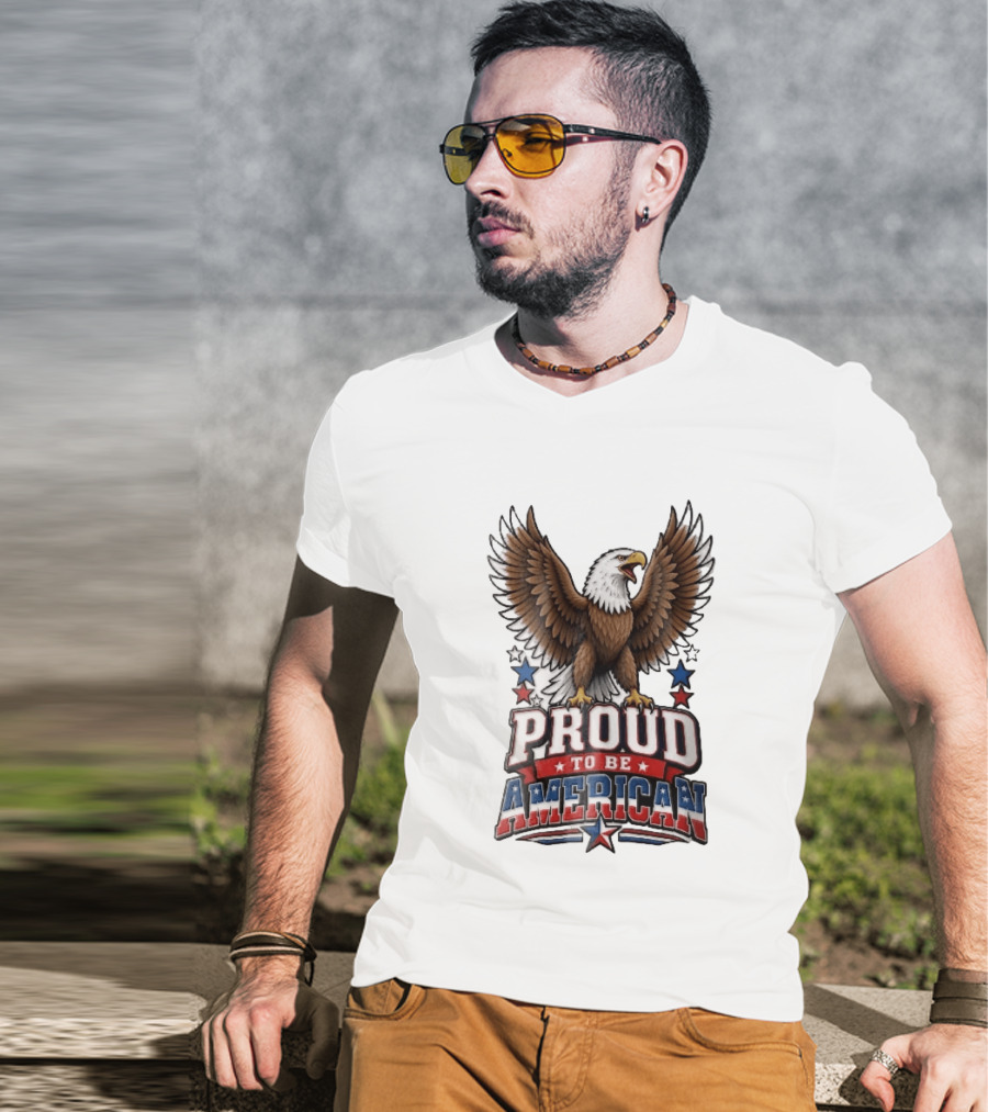Proud To Be American Bald Eagle Wings Spread Red Blue Stars Patriotic T-Shirt