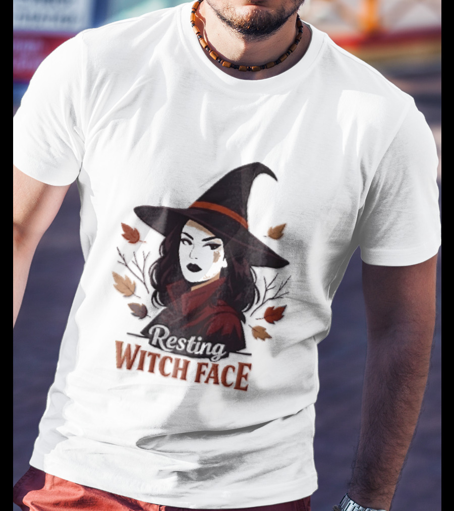 Resting Witch Face Dark Hair Woman Pointy Hat Autumn Leaves Halloween T-Shirt