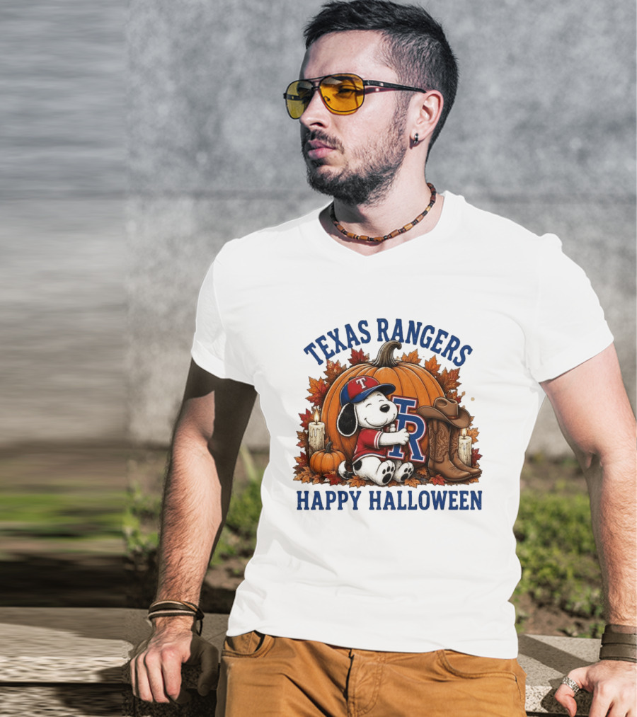 Texas Rangers Snoopy Pumpkin Happy Halloween T-Shirt