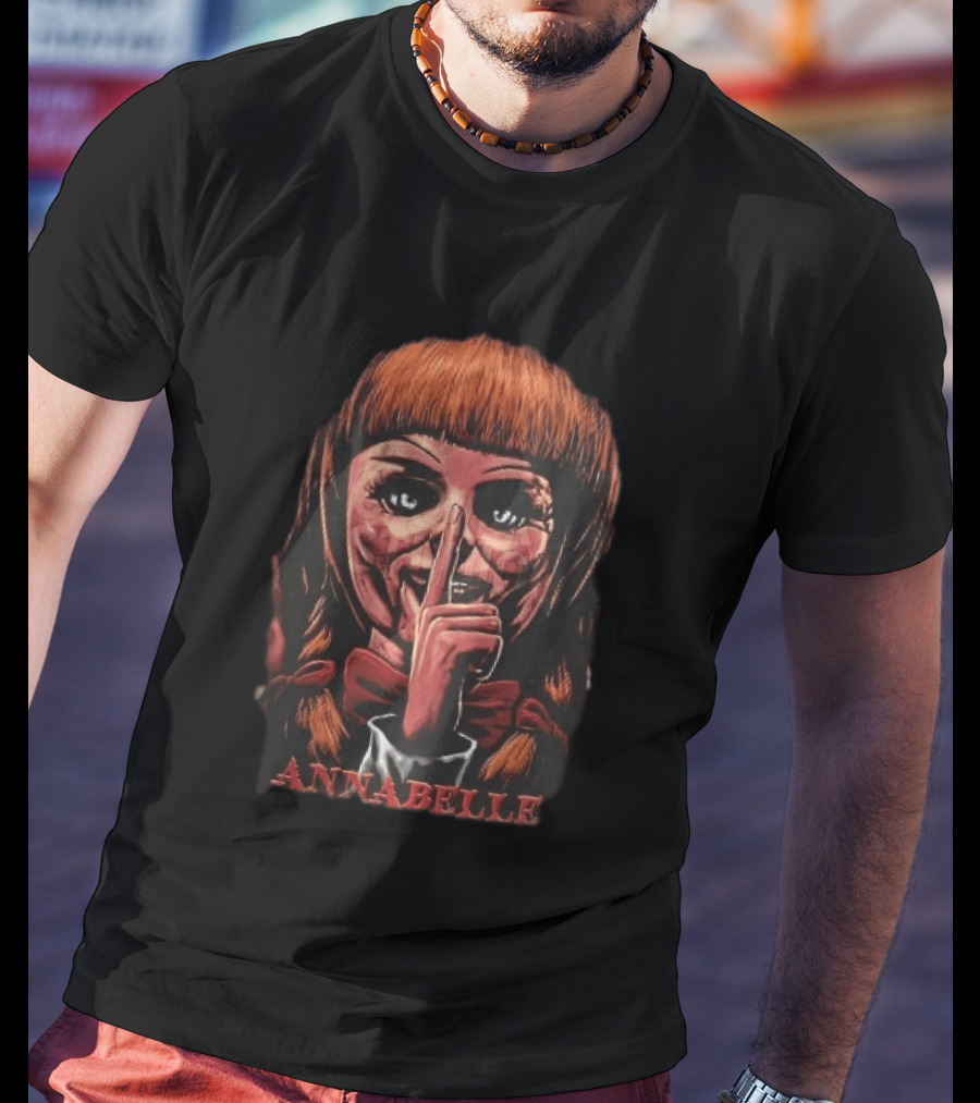 Annabelle Horror Doll Shushing Finger Red Bow Tie Eerie Doll Face T-Shirt