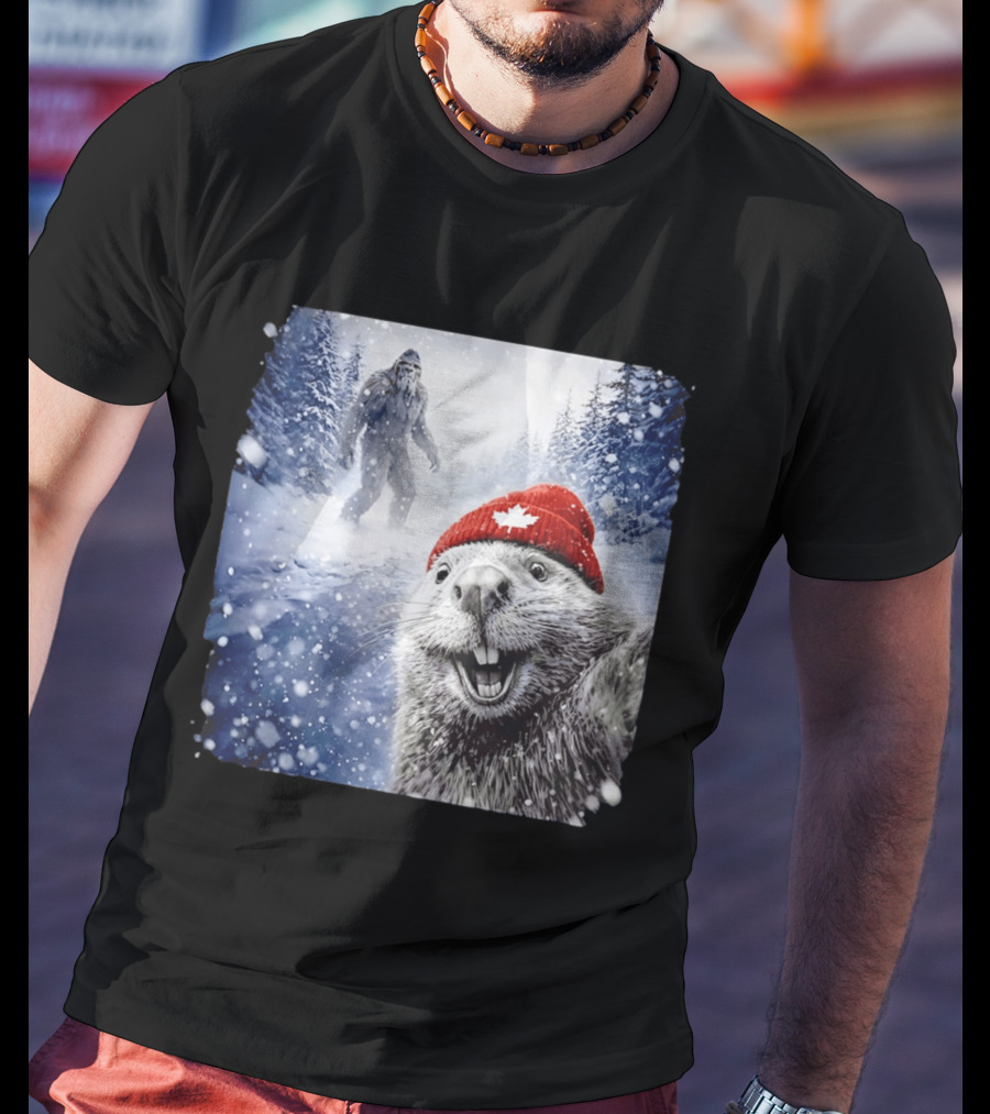 Beaver Selfie With Sasquatch In Snowy Canadian Forest T-Shirt