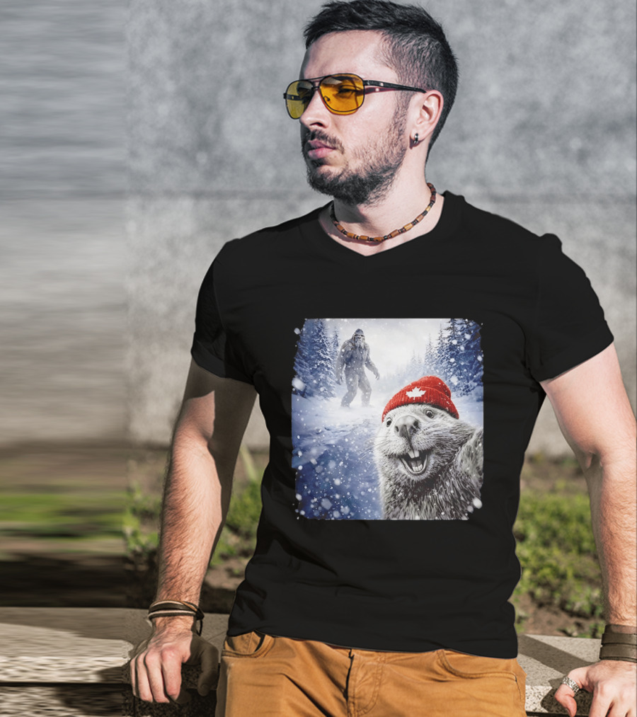 Beaver Selfie With Sasquatch In Snowy Canadian Forest T-Shirt