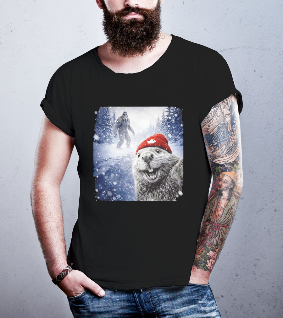 Beaver Selfie With Sasquatch In Snowy Canadian Forest T-Shirt