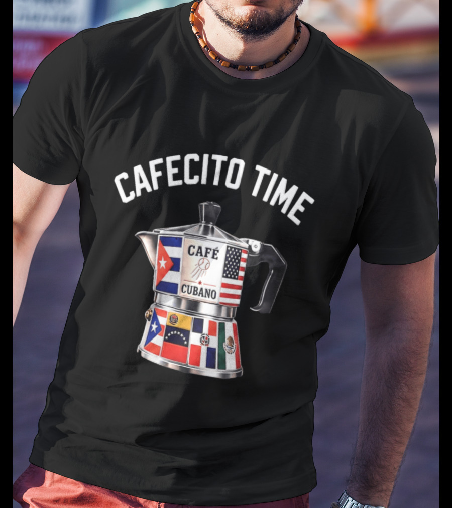 Cafecito Time Café Cubano Kike Hernandez Cuban Coffee Flag Motif T-Shirt