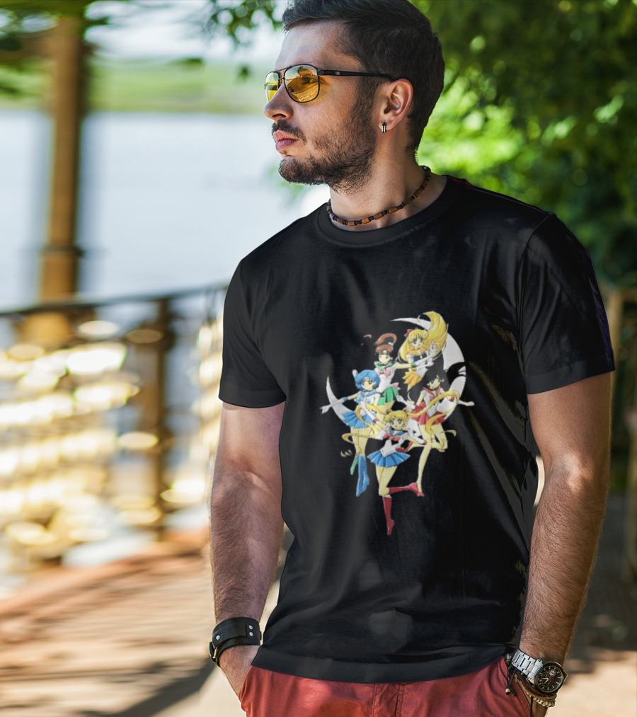 Sailor Moon Crescent Five Guardians Distressed Cartoon T-Shirt