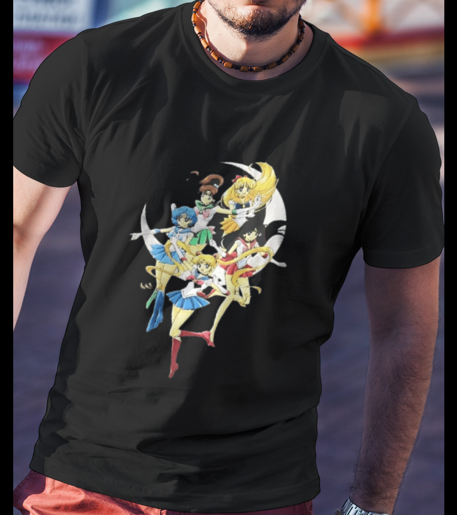 Sailor Moon Crescent Five Guardians Distressed Cartoon T-Shirt