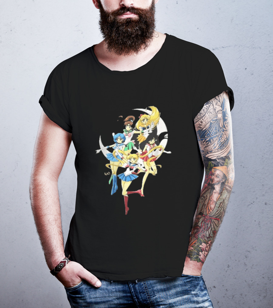Sailor Moon Crescent Five Guardians Distressed Cartoon T-Shirt
