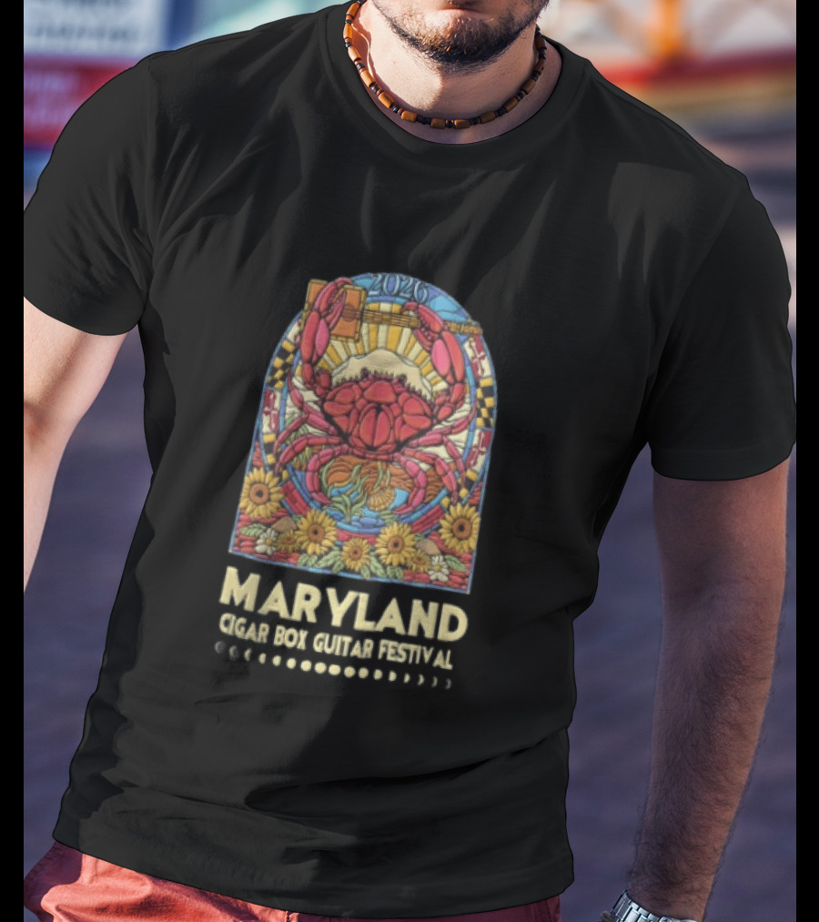 Maryland Cigar Box Guitar Festival 2026 Crab Stained Glass Sunflowers T-Shirt
